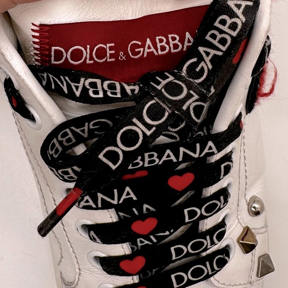 Dolce & Gabbana White Leather Portofino Gold RedHeart Low Top Sneakers Size 38 - Picture 9 of 13